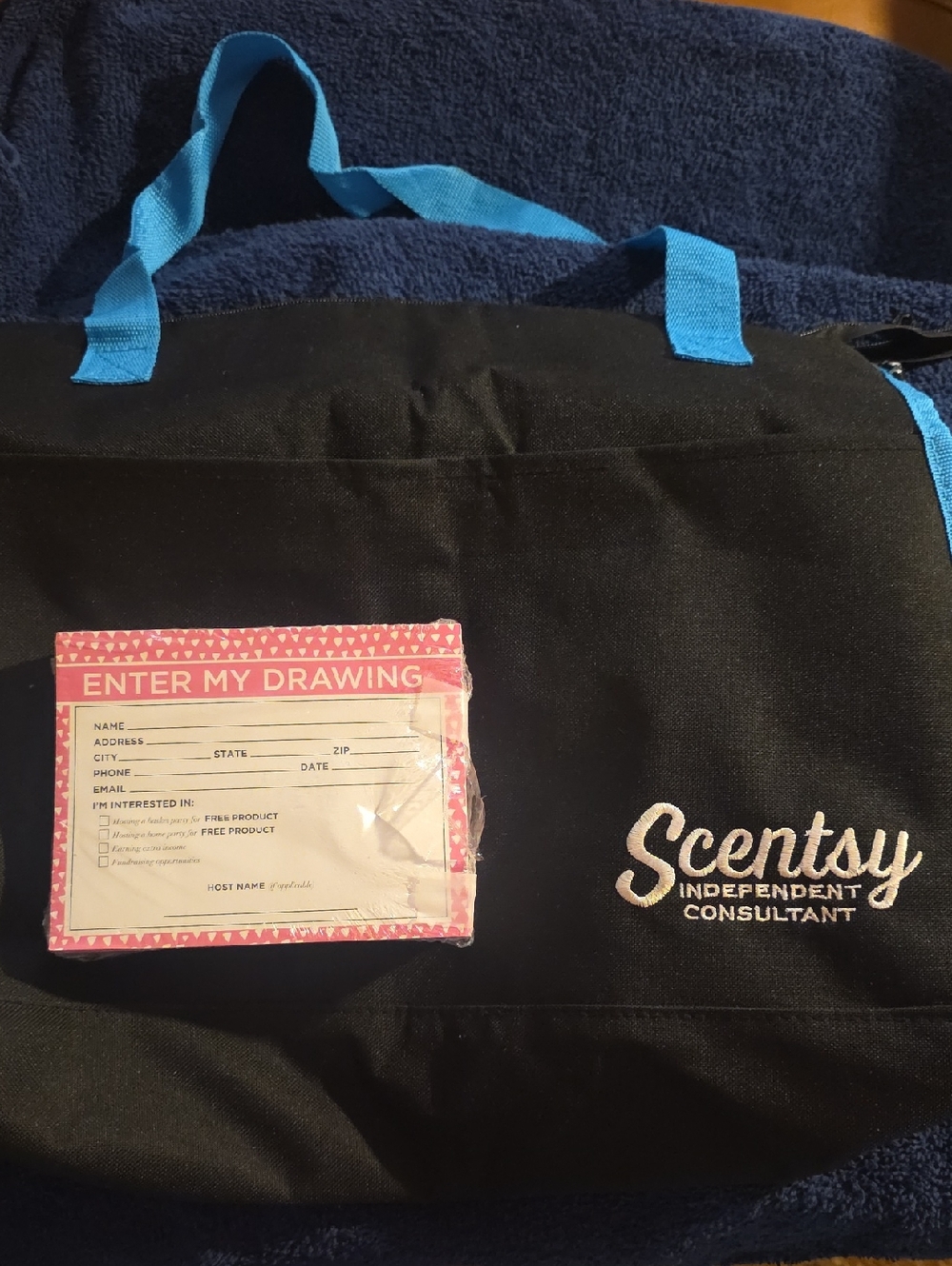 Scentsy Black Tote with Blue Straps, 2 Pockets, Zip Close & 250 Drawing Entries